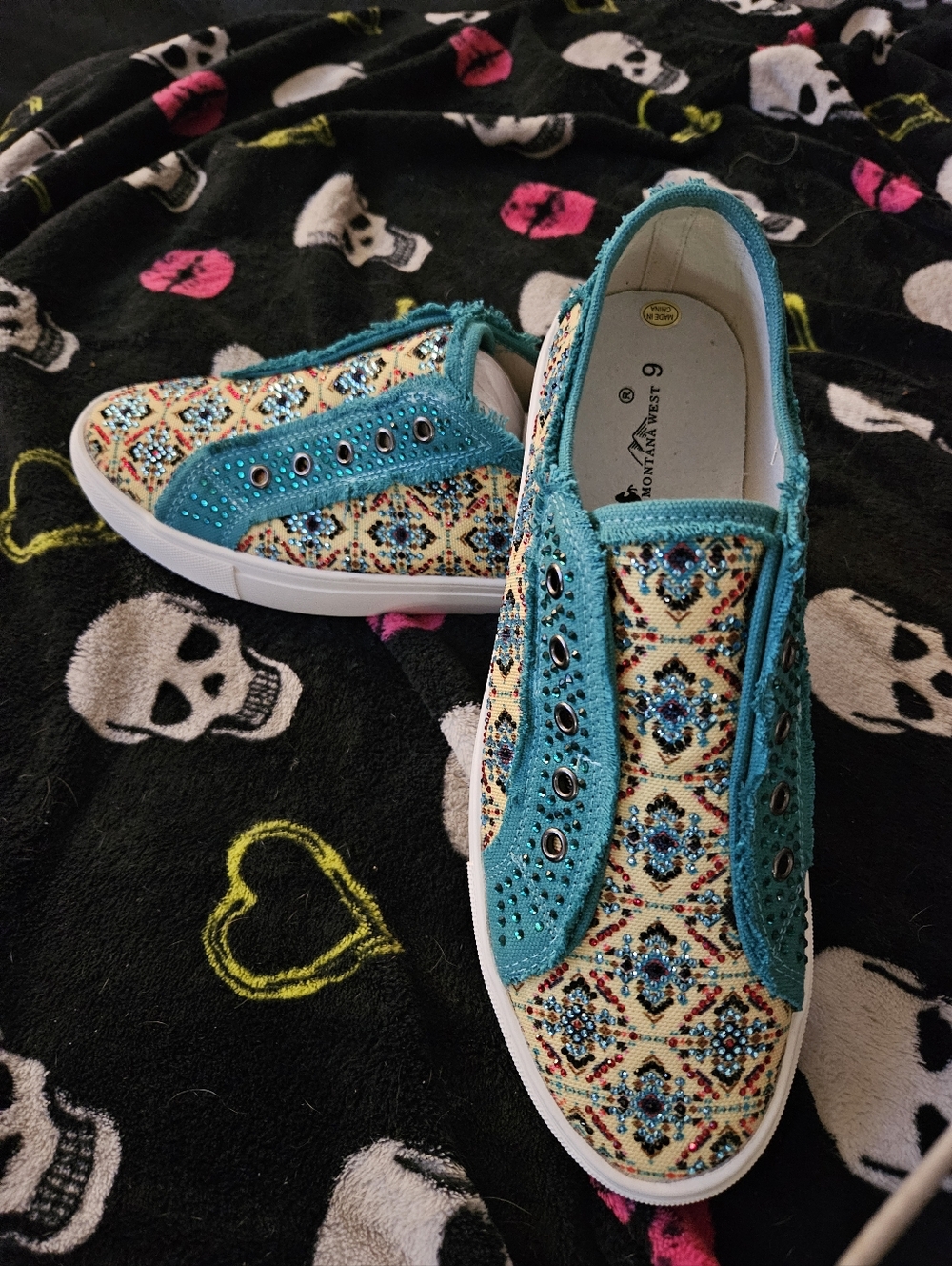 Montana West Turquoise Beaded Pattern Slip-On Sneakers